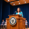 Speechwriter Assistant — Pro - javascapeai.com Woman speaking at a wooden podium on a formal stage with seated attendees, blue curtains, microphones, and warm auditorium lighting.