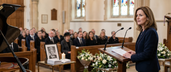 Speechwriter Assistant — Pro - javascapeai.com - Product Page 73 Woman speaking at a lectern during a church memorial service with seated attendees, floral arrangements, a candle, a portrait, and a grand piano nearby.