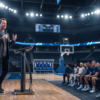Speechwriter Assistant — Pro - javascapeai.com - Product Page 76 (Copyright) Man speaking with a microphone on a basketball court stage while athletes and attendees listen during a sports event.