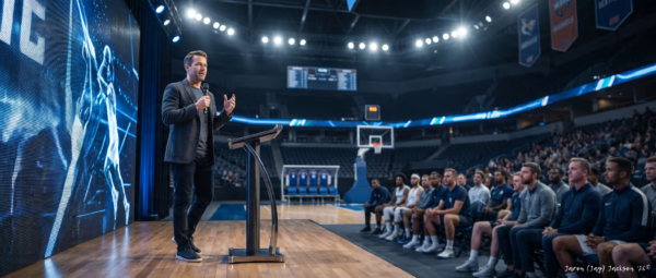 Speechwriter Assistant — Pro - javascapeai.com - Product Page 76 (Copyright) Man speaking with a microphone on a basketball court stage while athletes and attendees listen during a sports event.
