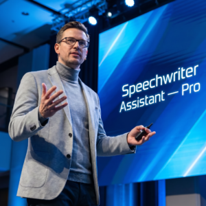 Man presenting on stage beside a large blue screen displaying “Speechwriter Assistant — Pro” during a professional speaking event.