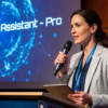 Speechwriter Assistant — Pro - javascapeai.com - Product Page 80 Woman holding a microphone and tablet while presenting beside a screen that displays “Speechwriter Assistant — Pro.”