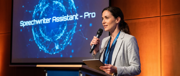 Speechwriter Assistant — Pro - javascapeai.com - Product Page 80 Woman holding a microphone and tablet while presenting beside a screen that displays “Speechwriter Assistant — Pro.”