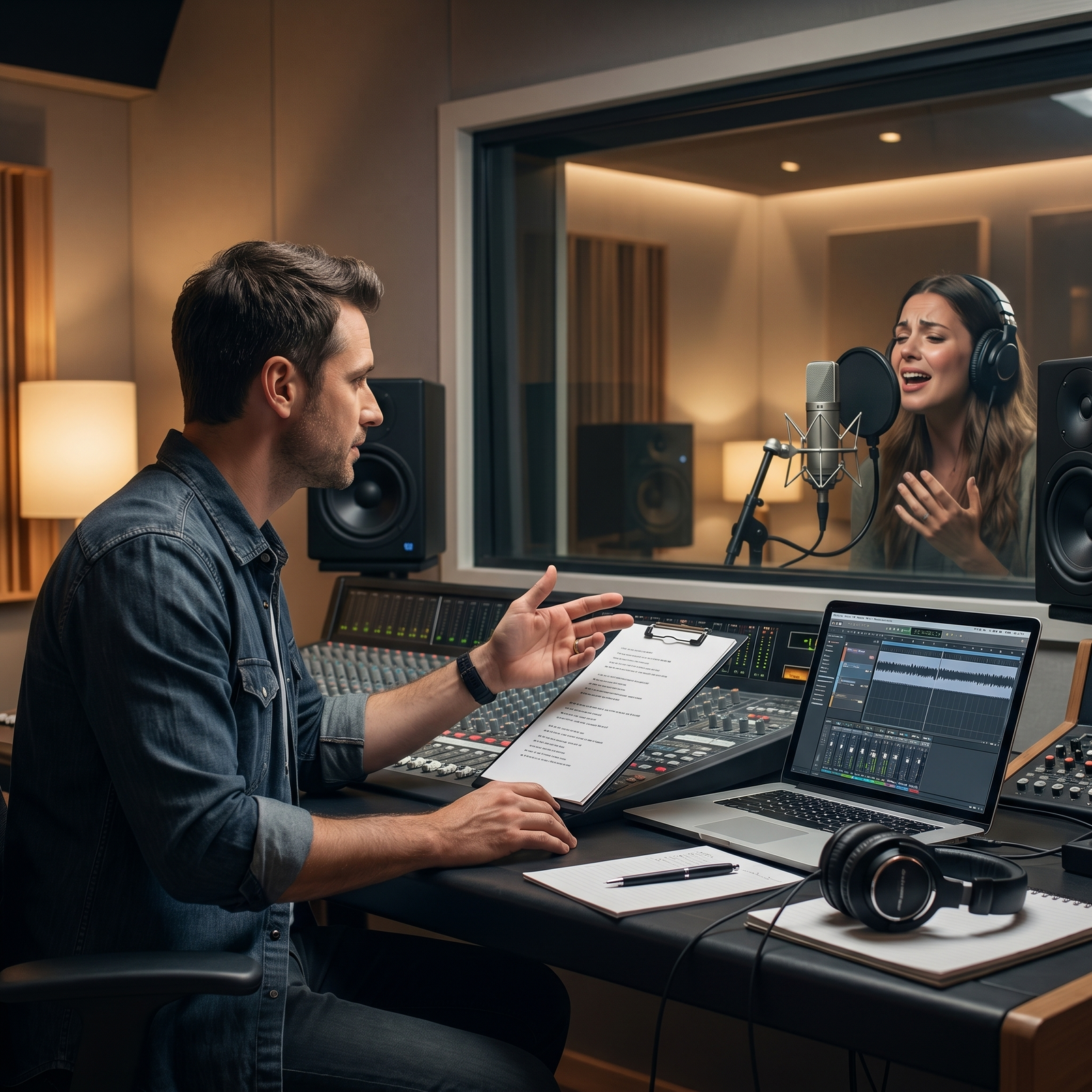 Vocal producer seated at a studio console holding lyric notes while directing a singer performing through a microphone behind studio glass.
