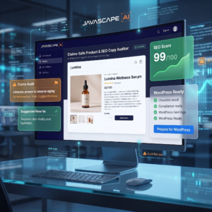 JAVASCAPE AI dashboard reviewing a wellness serum product page, flagging a high-risk claim, suggesting revised wording, and displaying SEO and WordPress readiness panels.