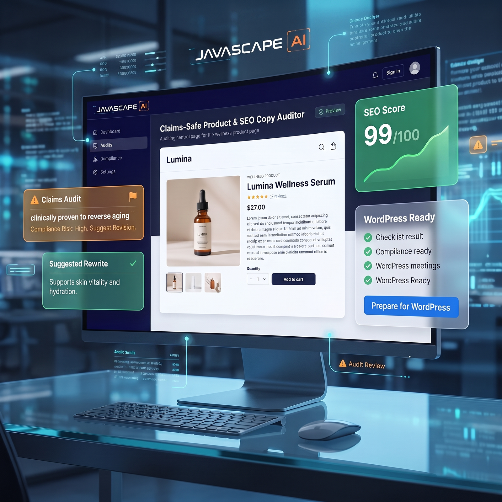 Claims-Safe Product & SEO Copy Auditor - javascapeai.com JAVASCAPE AI dashboard reviewing a wellness serum product page, flagging a high-risk claim, suggesting revised wording, and displaying SEO and WordPress readiness panels.