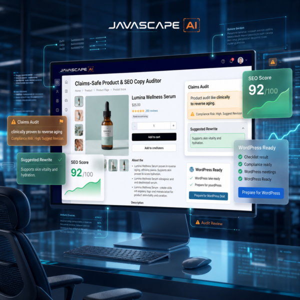 JAVASCAPE AI dashboard reviewing a wellness serum product page, flagging a high-risk claim, suggesting revised wording, and displaying SEO and WordPress readiness panels.