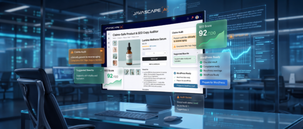 JAVASCAPE AI dashboard reviewing a wellness serum product page, flagging a high-risk claim, suggesting revised wording, and displaying SEO and WordPress readiness panels.