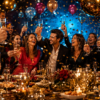 Guests raising champagne glasses at an elegant corporate celebration with balloons, confetti, candlelit tables, and formal evening décor.