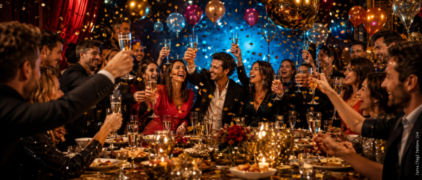 Guests raising champagne glasses at an elegant corporate celebration with balloons, confetti, candlelit tables, and formal evening décor.