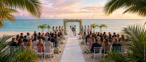 Beach wedding ceremony at sunset with a floral arch, seated guests, palm trees, and the ocean in the background.