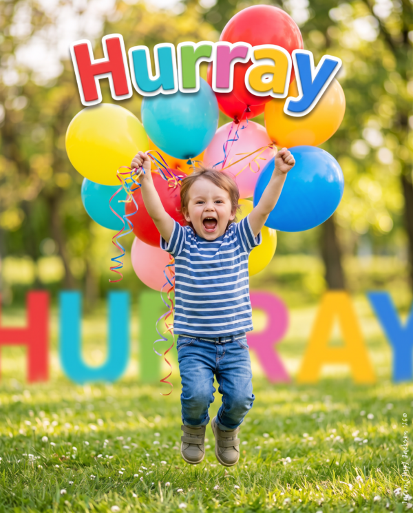 Young child jumping with colorful balloons beneath a large “Hurray” sign in a