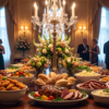Formal reception buffet with floral arrangements, a crystal candelabra, plated dishes, and guests mingling in an elegant event room.