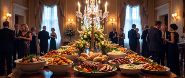 Formal reception buffet with floral arrangements, a crystal candelabra, plated dishes, and guests mingling in an elegant event room.
