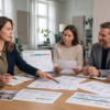 Event planning team reviewing floor plans, schedules, charts, and strategy documents around a conference table in a modern office.