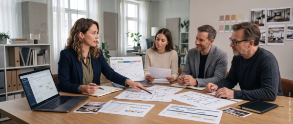 Event planning team reviewing floor plans, schedules, charts, and strategy documents around a conference table in a modern office.