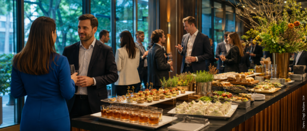 Business professionals networking beside a catered buffet at a modern corporate reception.