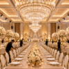 Elegant ballroom arranged for a formal event with long dining tables, white floral centrepieces, gold accents, chandeliers, and staff completing the setup.