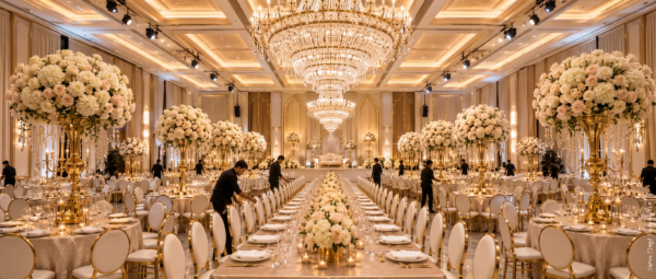 Elegant ballroom arranged for a formal event with long dining tables, white floral centrepieces, gold accents, chandeliers, and staff completing the setup.