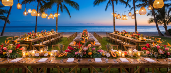 Long outdoor dining tables decorated with tropical flowers, fruit, candles, and hanging lights beside the ocean at sunset.