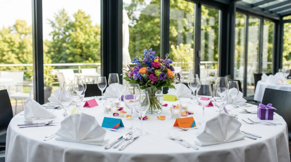 Round event table set with white linens, folded napkins, glassware, colorful place cards, candles, and a vibrant floral centrepiece.