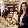 Event planner holding a clipboard in an elegant wedding reception venue with floral arrangements, candles, dining tables, and a wedding cake.