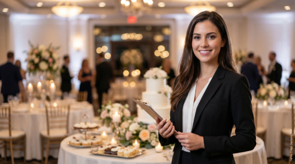Event planner holding a clipboard in an elegant wedding reception venue with floral arrangements, candles, dining tables, and a wedding cake.