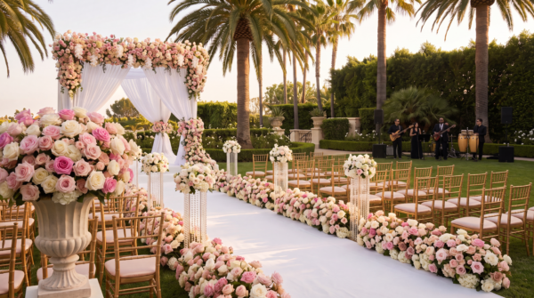 Outdoor wedding ceremony with a white floral arch, pink and ivory roses, gold chairs, a flower-lined aisle, palm trees, and a live band.