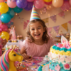 Three children celebrating at a colorful unicorn-themed birthday party with balloons, gifts, cupcakes, and a decorated cake.