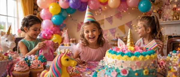 Three children celebrating at a colorful unicorn-themed birthday party with balloons, gifts, cupcakes, and a decorated cake.