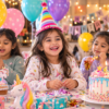 Three children celebrating at a unicorn-themed birthday party with balloons, cupcakes, gifts, party hats, and a colorful cake with lit candles.