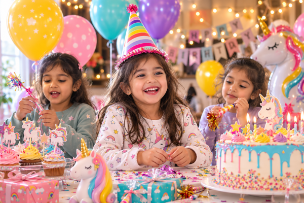 Three children celebrating at a unicorn-themed birthday party with balloons, cupcakes, gifts, party hats, and a colorful cake with lit candles.