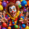 Clown performing for a group of excited children surrounded by colorful balloons and a red stage curtain.