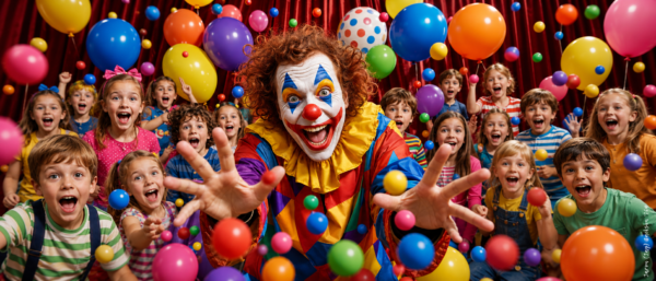 Clown performing for a group of excited children surrounded by colorful balloons and a red stage curtain.
