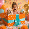 Young child celebrating a third birthday with a puppy inside a sparkling gift box, surrounded by balloons, presents, teddy bears, and confetti.