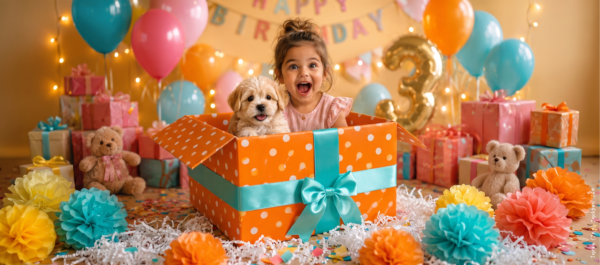 Young child celebrating a third birthday with a puppy inside a sparkling gift box, surrounded by balloons, presents, teddy bears, and confetti.