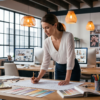 Event planner reviewing floor plans, color palettes, and visual concepts in a modern design studio.