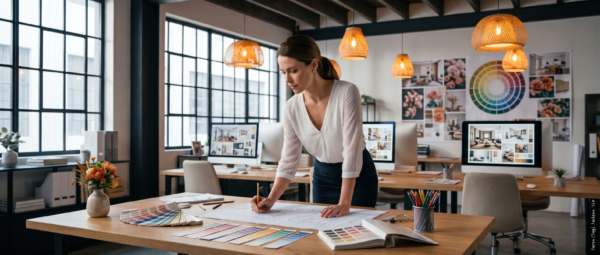 Event planner reviewing floor plans, color palettes, and visual concepts in a modern design studio.