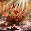 Elegant event table set with orange napkins, glassware, candles, and a large orange floral centrepiece beneath warm decorative lighting.