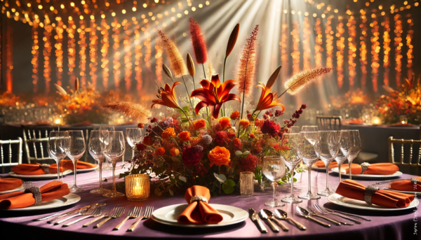 Elegant event table set with orange napkins, glassware, candles, and a large orange floral centrepiece beneath warm decorative lighting.