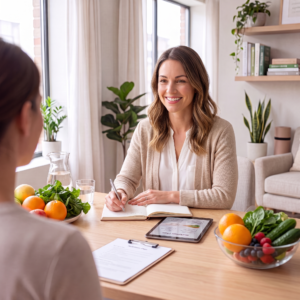 Wellness coach speaking with a client at a bright table with fresh produce, water, a notebook, and a tablet showing a nutrition plan.