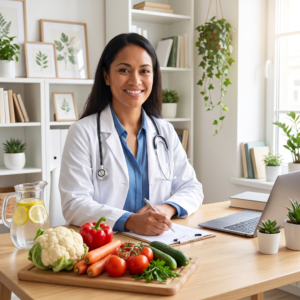 Smiling healthcare professional in a white coat seated at a desk with a laptop, clipboard, fresh vegetables, lemon water, and indoor plants.